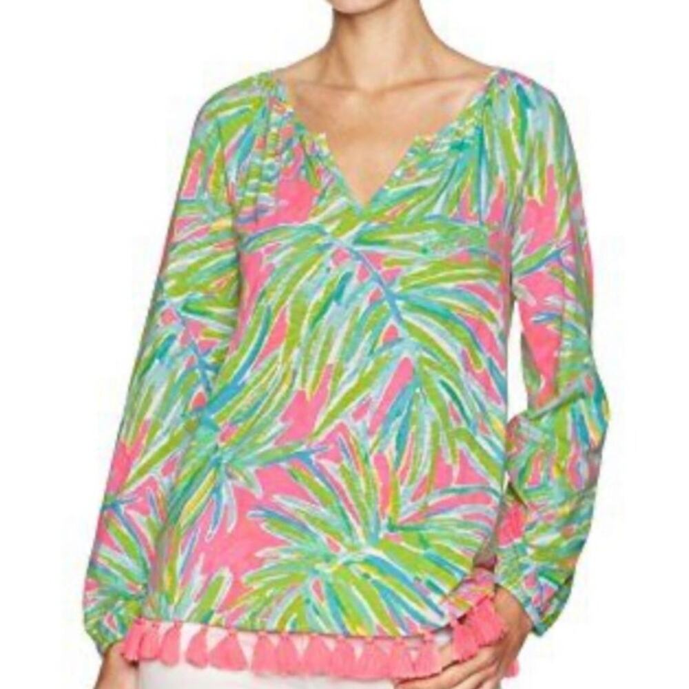 Lilly Pulitzer Linzy Tassel Fringe Tiki Pink Royal Lime Long Sleeve Top Blouse